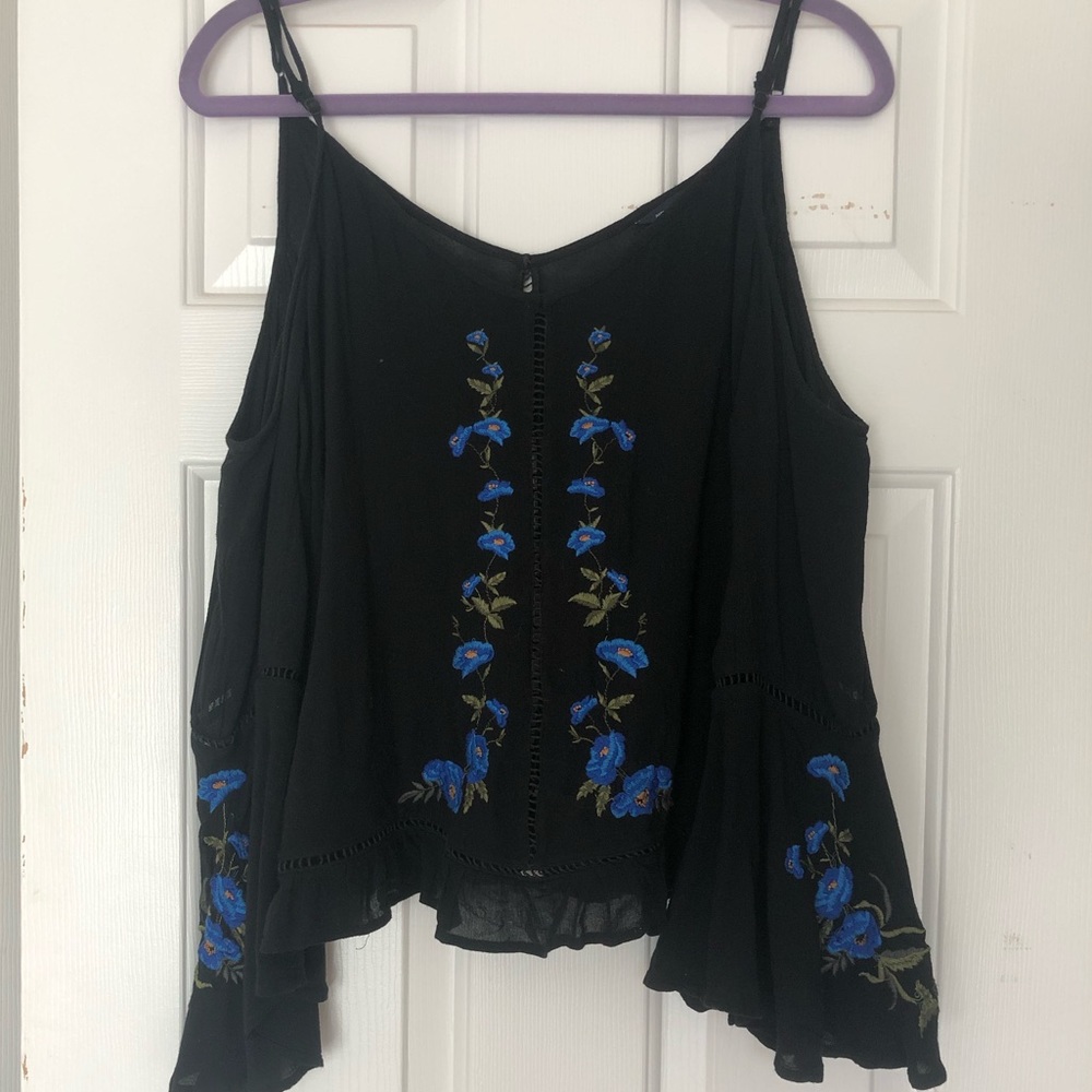 AE embroidered cold shoulder bell sleeve top